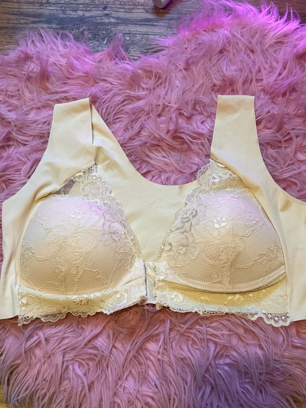Front Closure Lace Bra Size 5XL Beige Wireless Floral Push Up